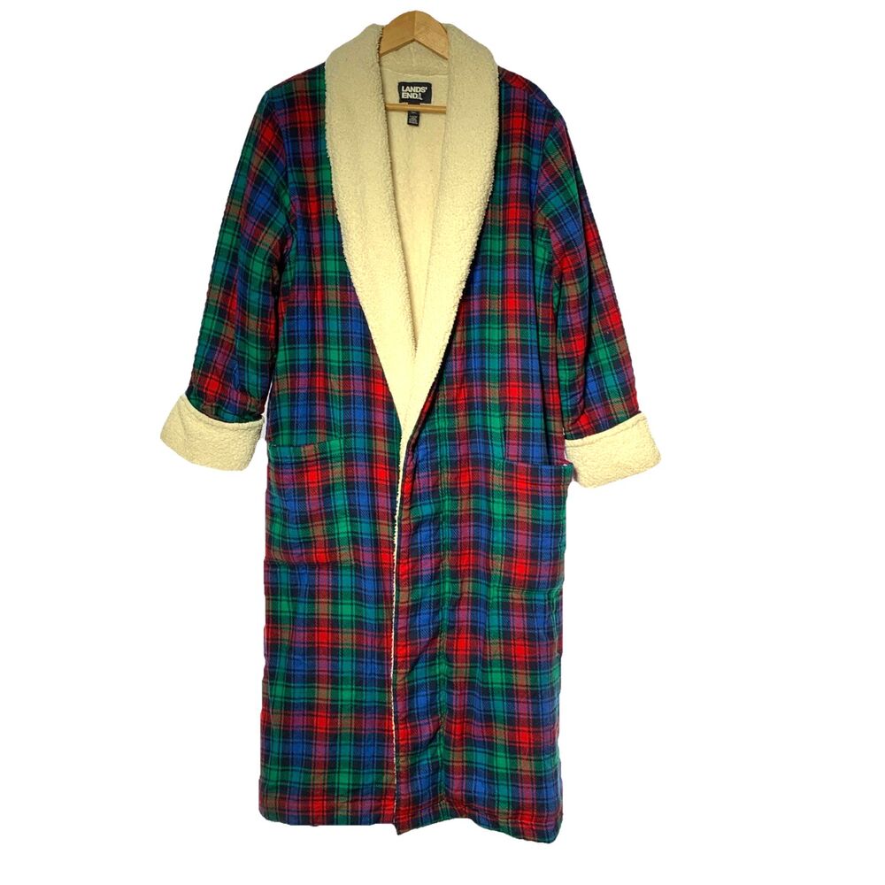 Lands End Sherpa Lined Robe Red Blue Green Plaid Flannel Large 14-16 Cozy Pocket